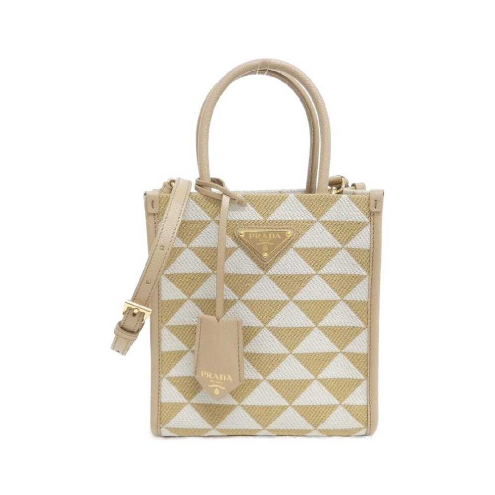 Prada Symbole embroidered tote bag beige white Saffiano leather